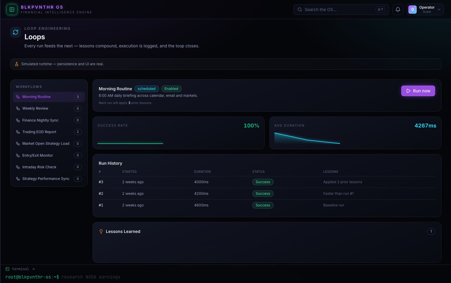 The Loop Engineering view: a scheduled routine with its success rate, average duration and a run history where each run applies lessons from the last.